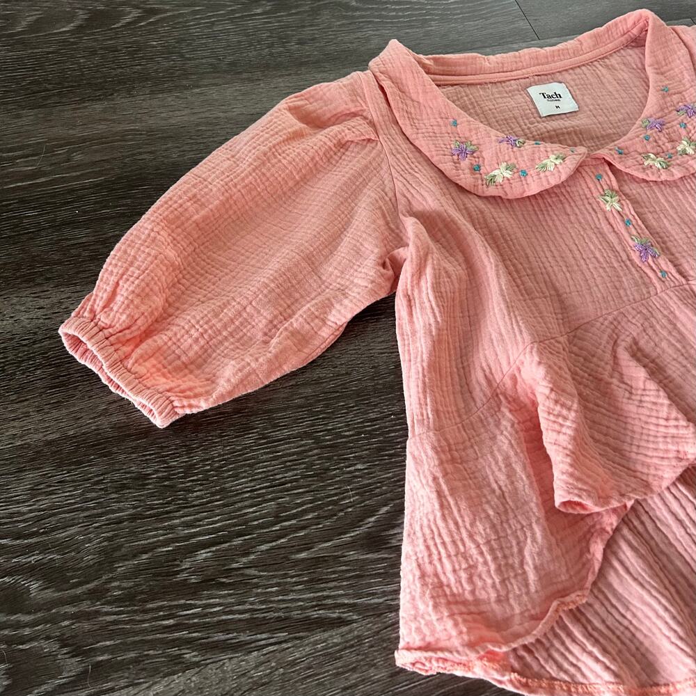 Tach Larina Embroidered Linen Cotton Top Puff Sleeve Peach Pink - Picture 9 of 16
